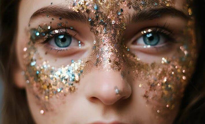 Mulher dos olhos azuis com glitter dourado no rosto 