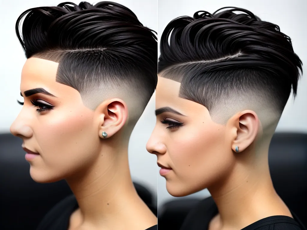 Slicked Back curto - Mulher de cabelo preto curto, com degradê na parte inferior e uma risca 