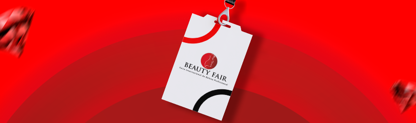 Credenciamento para a Beauty Fair: Como fazer? Fundo vermelho em tons mais claros até mais escuros, ao centro uma credencial branca com o símbolo em vermelho da Beauty Fair, com um detalhe vermelho no canto superior e preto no canto inferior.