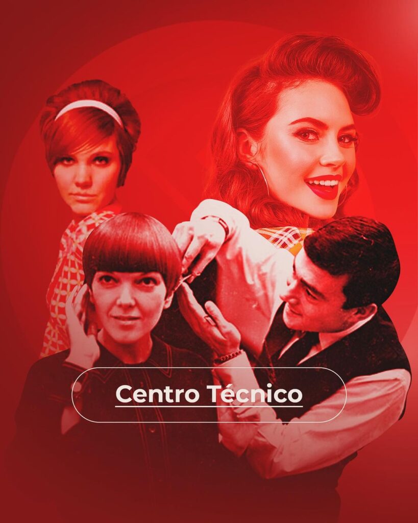 Centro Técnico Ikesaki 60 Anos Ikesaki - fundo vermelho, na frente homem de cabelo preto cortando o cabelo de uma mulher no estilo "tigela", ao fundo duas mulheres com corte de cabelo antigo.