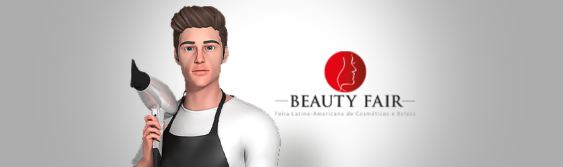 Cursos na Beauty Fair 2024 - Fundo branco gradiente com cinza, ao centro, um avatar de um profissional de beleza homem com topete, avental preto e camiseta branca, ao lado dele a logomarca da Beauty Fair